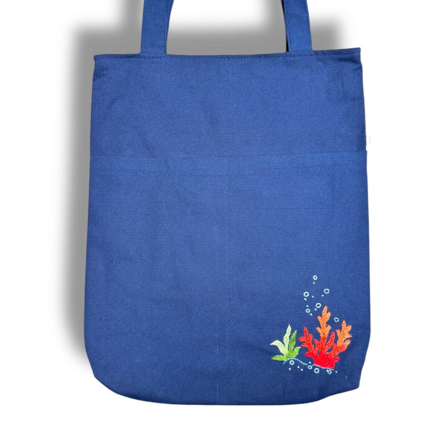 Coral Pocket Embroidery Tote Bag Beige: Navy