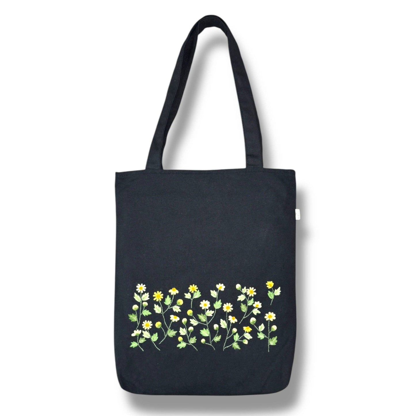 Yellow Daisy Embroidery Tote Bag: Black