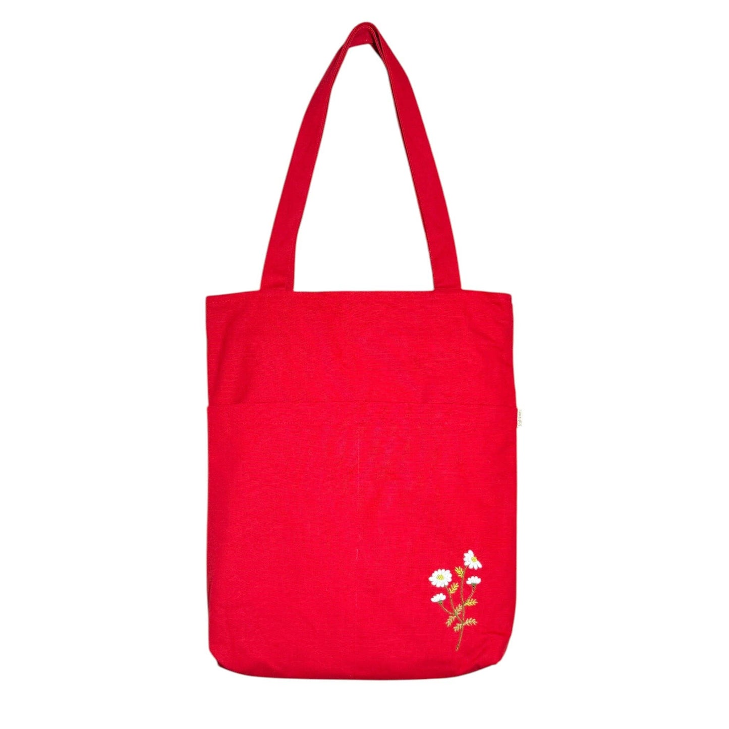 Daisy Pocket Embroidery Tote Bag: Red