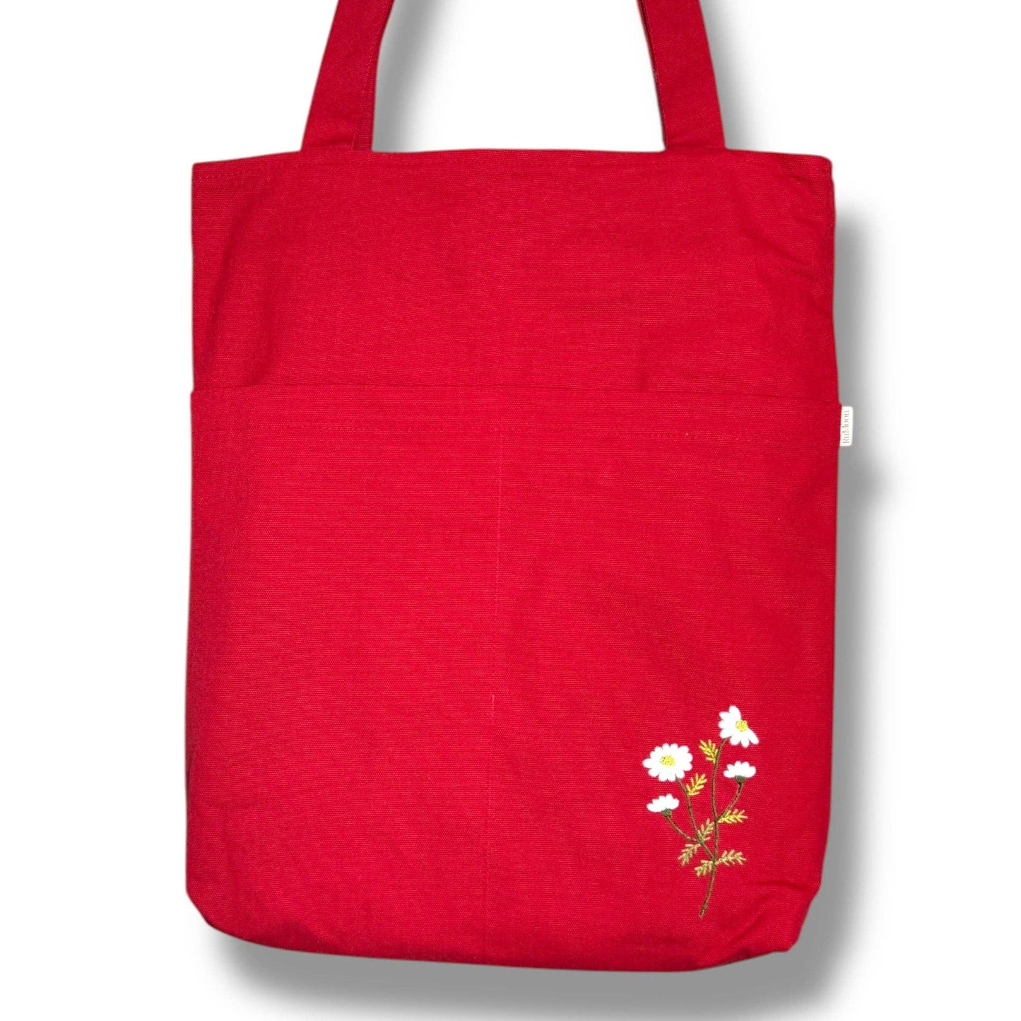 Daisy Pocket Embroidery Tote Bag: Red