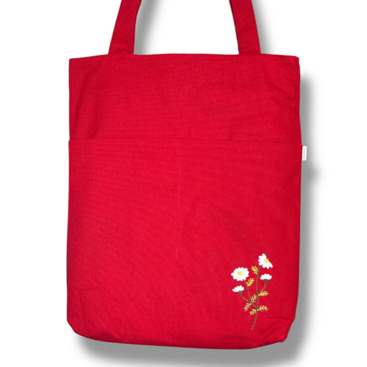 Daisy Pocket Embroidery Tote Bag: Red