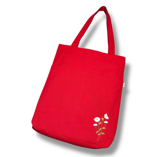 Daisy Pocket Embroidery Tote Bag: Red
