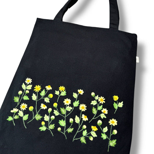 Yellow Daisy Embroidery Tote Bag: Black