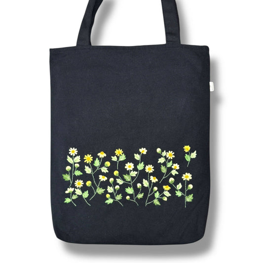 Yellow Daisy Embroidery Tote Bag: Black